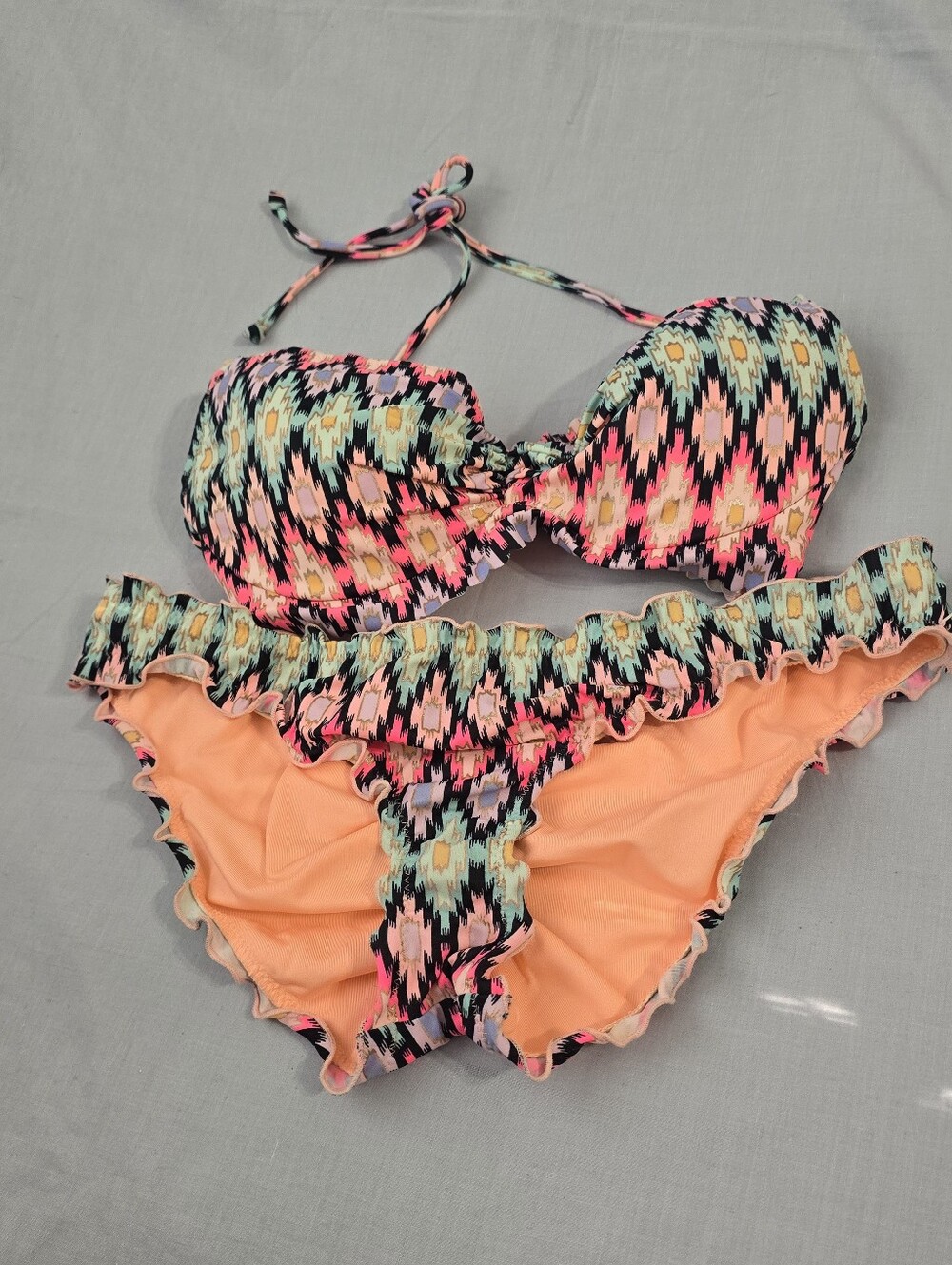 Victoria's Secret Multicolor Geometric Bandeau Bikini with Peach Accents